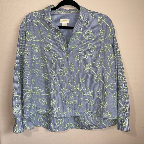 Maeve Clarissa Embroidered Sequined High Low Button Down Top Blue Striped Size 2 - Picture 2 of 9